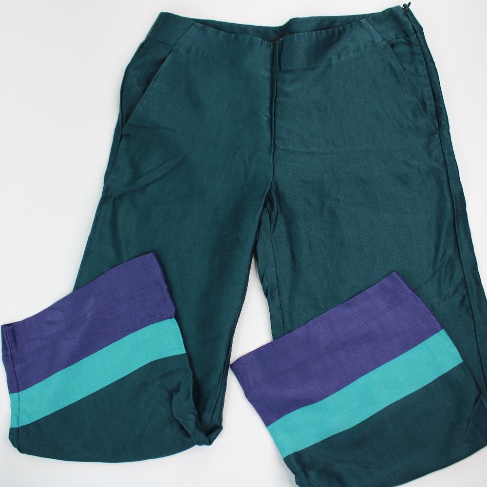 Ann Taylor Loft Women's Size 32 Waist Wide Leg Cropped Pants Teal Colorblock EUC